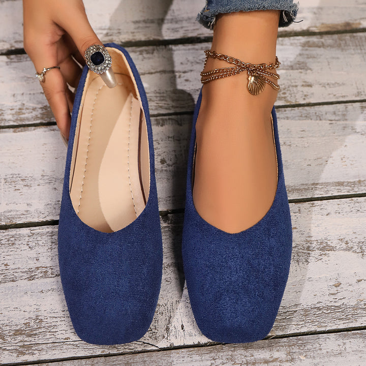 Damen nan elegante flache Schlupfballerina mit quadratischer Zehenpartie gepolstertem Komfortfußbett und Veloursoptik Drune