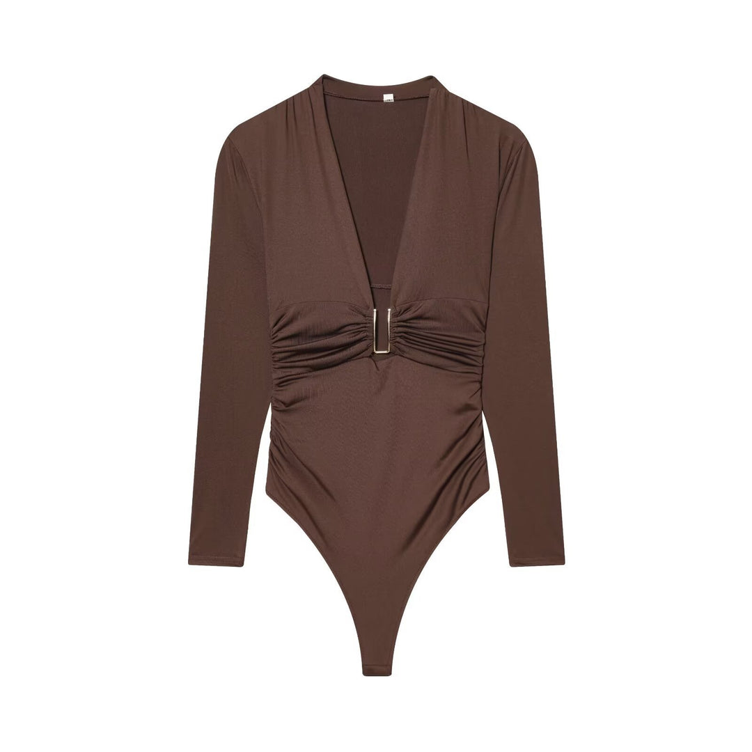 Damen Body mit elegantem V-Ausschnitt und dezenter Raffungsdetail Drune