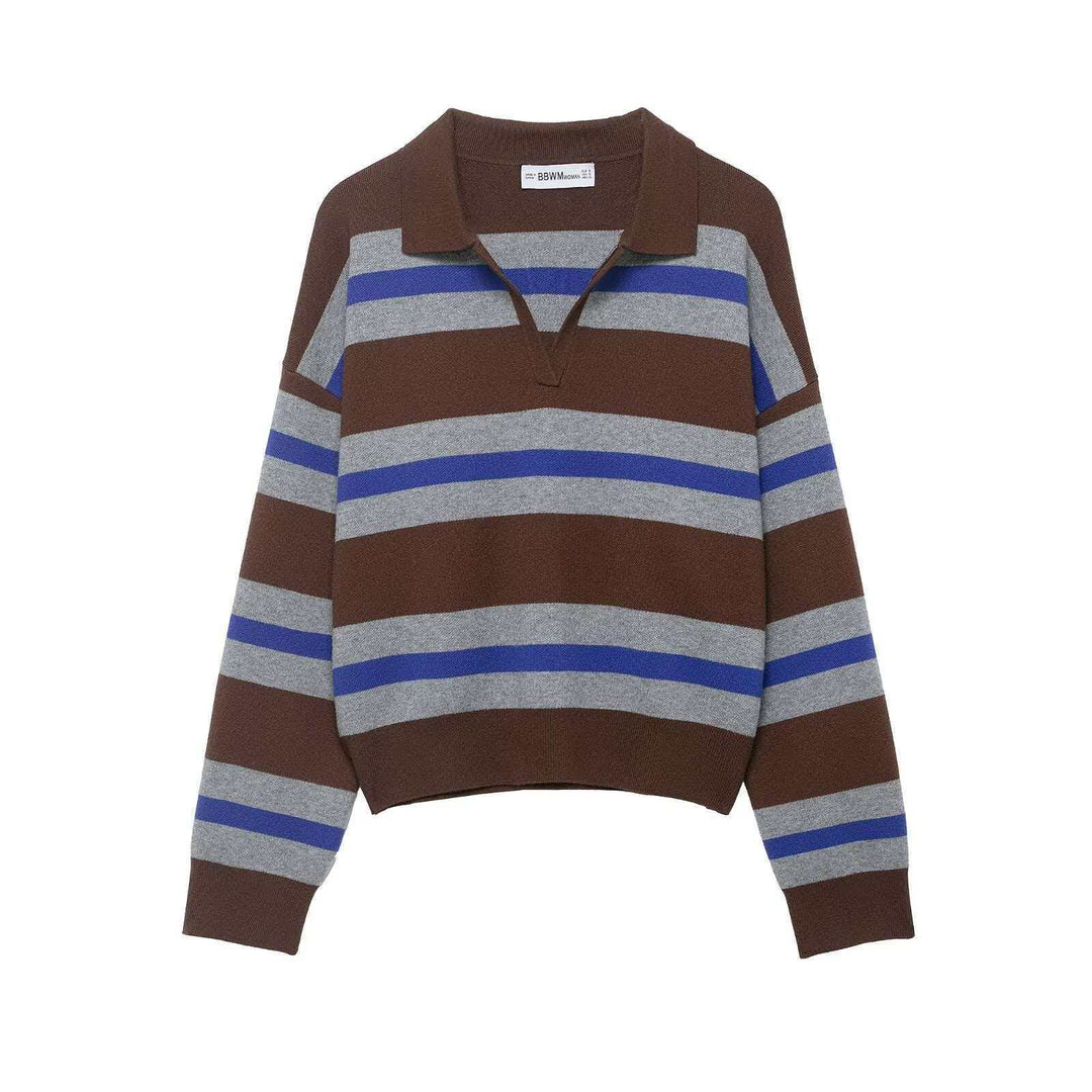 Damen nan gestreifter Rugby-Strickpullover mit Polokragen und weiter Oversize-Passform Drune