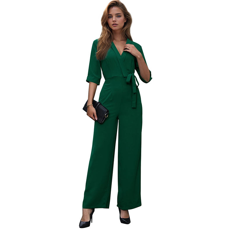 Damen eleganter Jumpsuit mit Taillengürtel und weit geschnittenen Beinen Drune