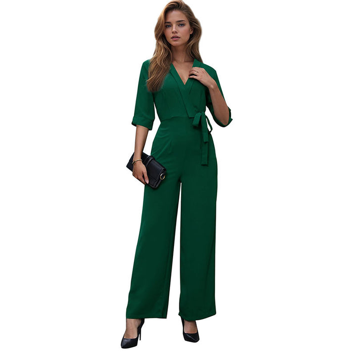 Damen eleganter Jumpsuit mit Taillengürtel und weit geschnittenen Beinen Drune