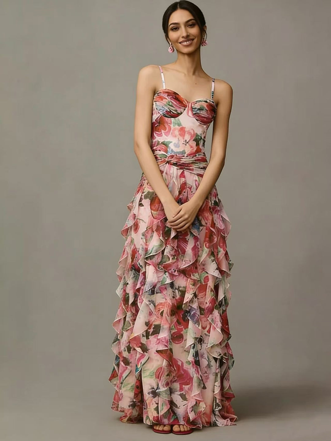 Damen Maxikleid mit floralen Rüschen und trägerlosem Oberteil Drune