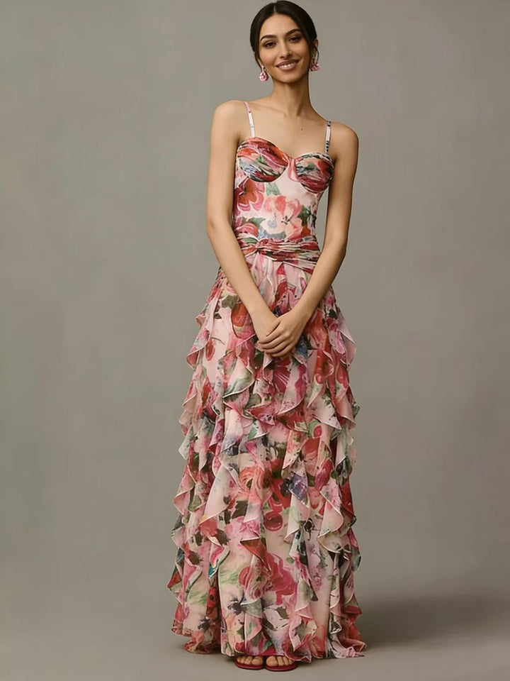 Damen Maxikleid mit floralen Rüschen und trägerlosem Oberteil Drune