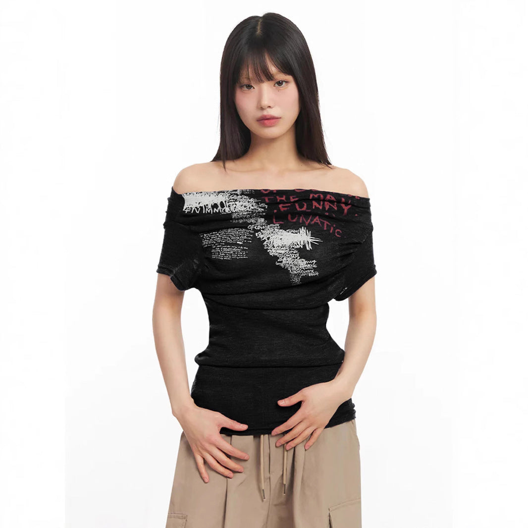 Damen Off-Shoulder Shirt mit grafischem Druck Drune