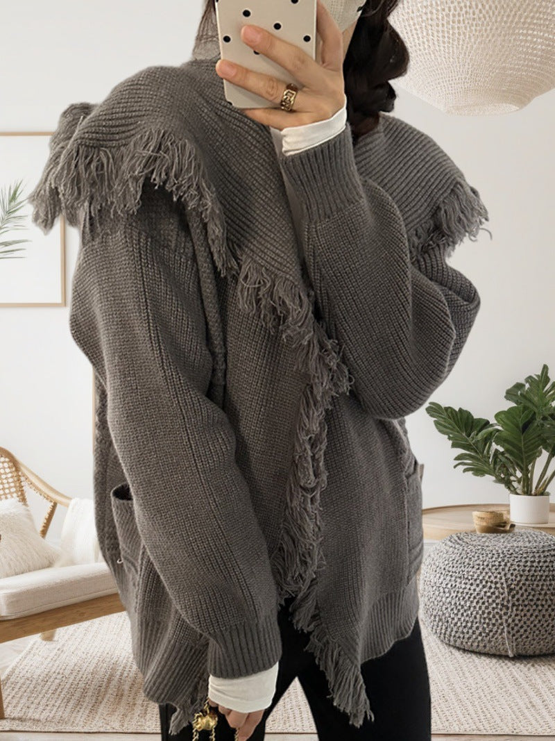 Damen Oversized Strickjacke mit fransigen Details und offenem Schnitt Drune