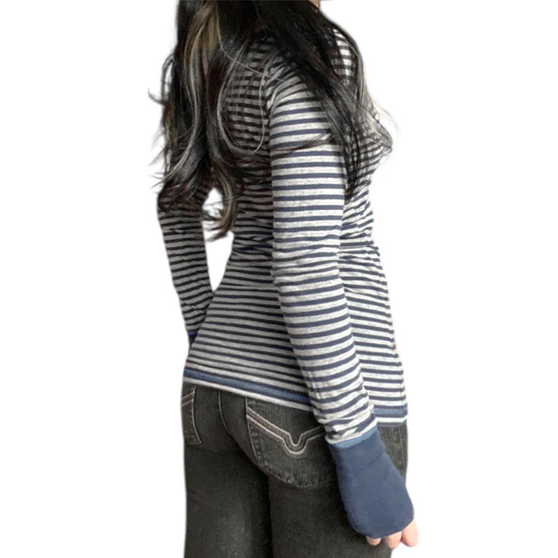Damen nan gestreiftes V‑Ausschnitt Longsleeve mit taillierter Silhouette und verlängerten Bündchen Drune