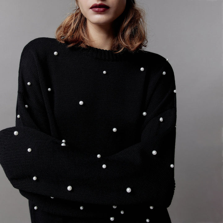 Damen Grobstrickpullover mit Perlenausschnitte Drune