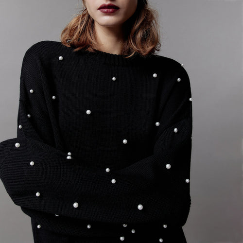 Damen Grobstrickpullover mit Perlenausschnitte Drune