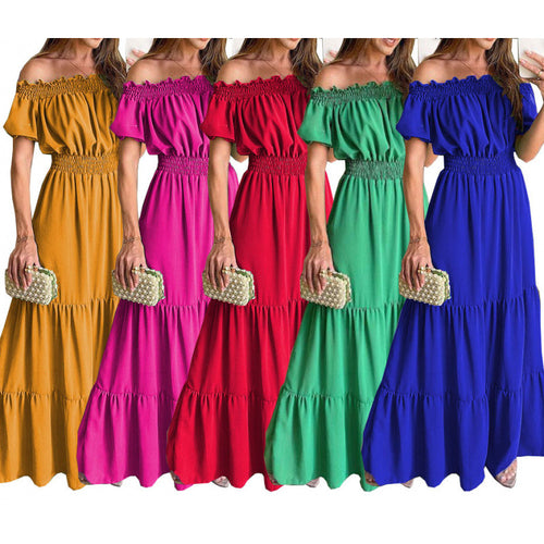 Damen Maxikleid mit schulterfreiem Design und voluminösen Rüschendetails Drune