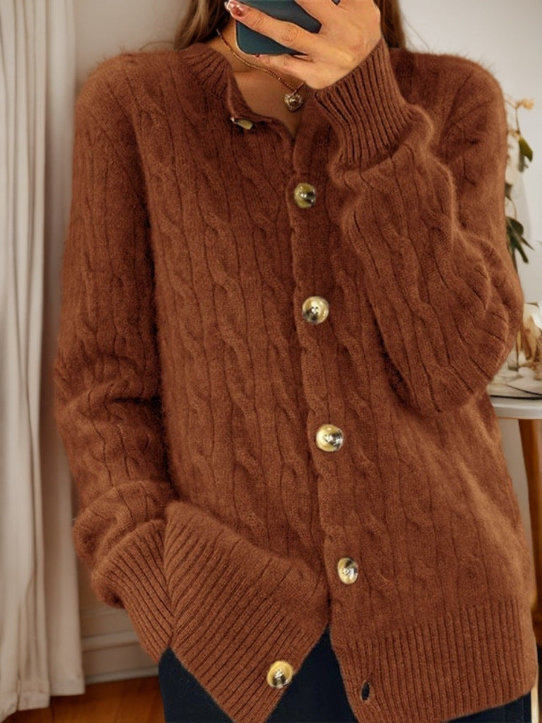 Damen Kaschmir Strickjacke mit Knopfverschluss und strukturiertem Zopfmuster Drune