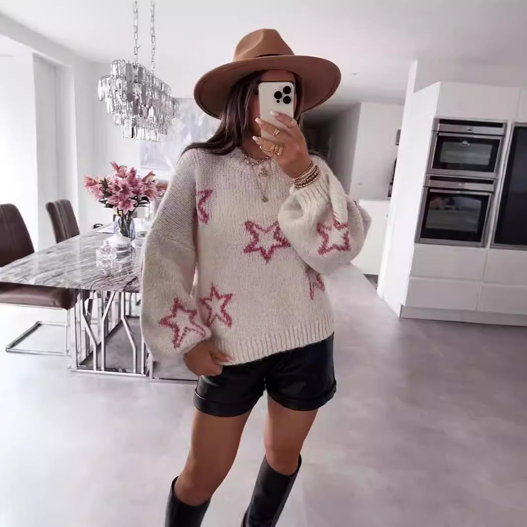 Damen Strickpullover mit Sternen-Design und weit ausgestellten Ärmeln Drune