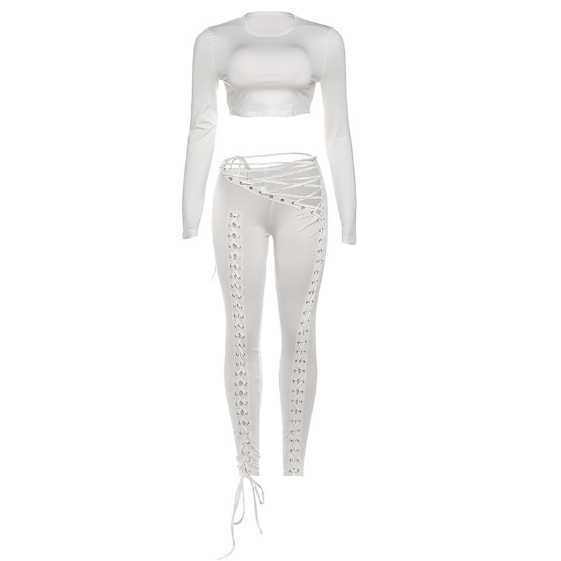Damen Crop-Top und Hoch geschnittene Leggings mit Schnürdetails Drune
