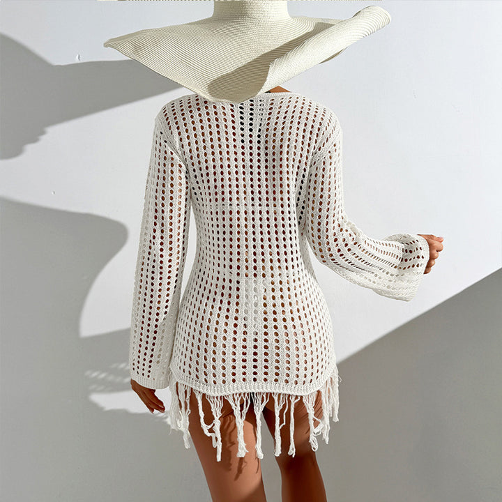 Damen Häkel-Strandüberwurf mit fransigem Saum und dekorativem Netzdesign Drune