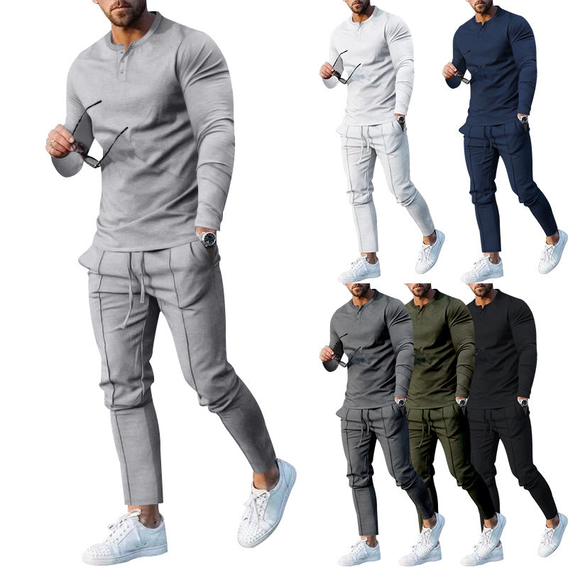 Herren athletisches Freizeit-Ensemble mit langärmligem Henley-Oberteil und bequemen Jogginghosen Drune