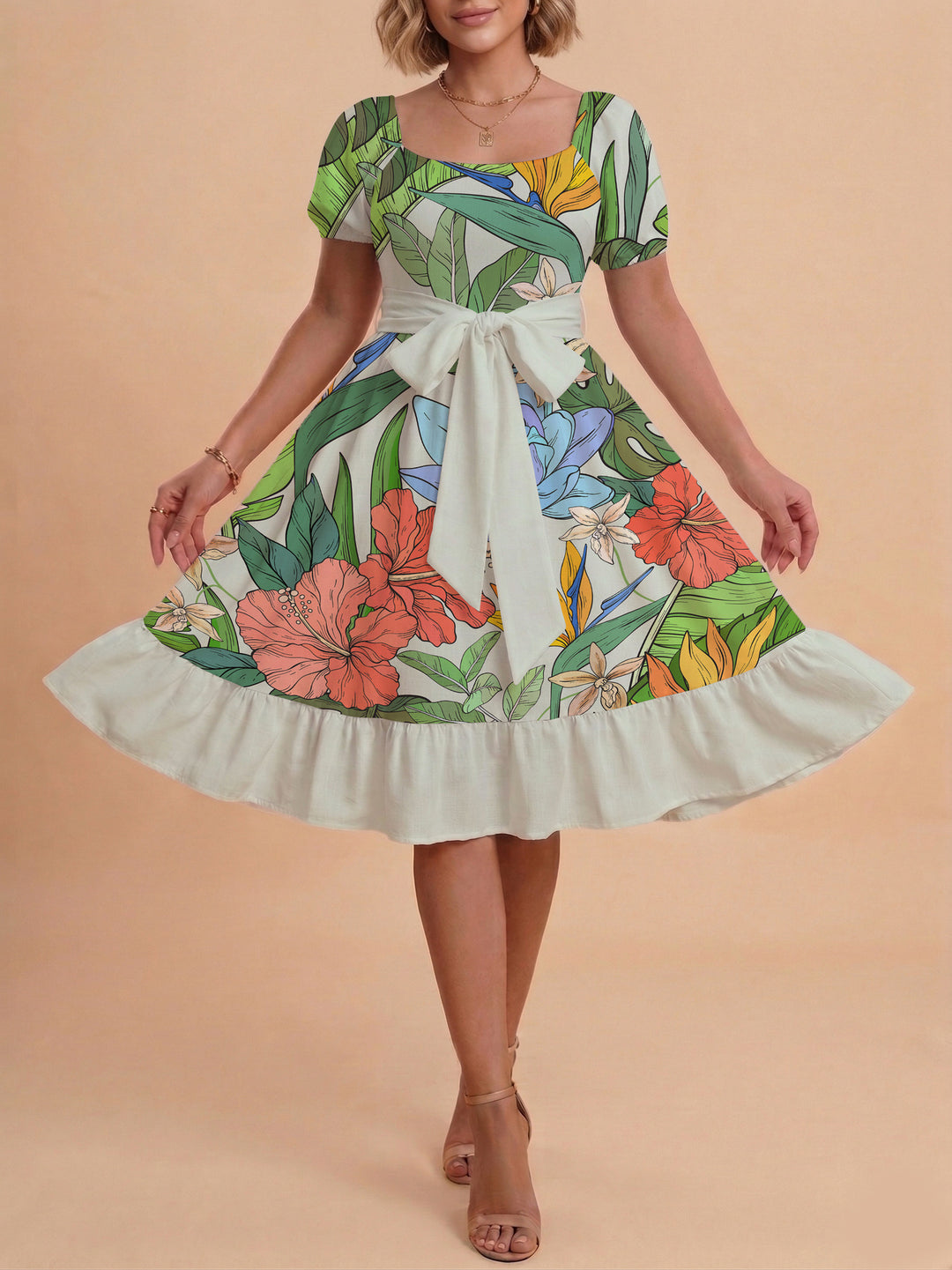 Damen A-Linien-Kleid mit floralen Motiven und taillierbarem Gürtel Drune