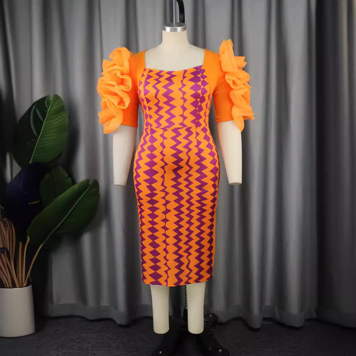 Damen figurbetontes Kleid mit auffälligen Volantärmeln und geometrischem Muster Drune