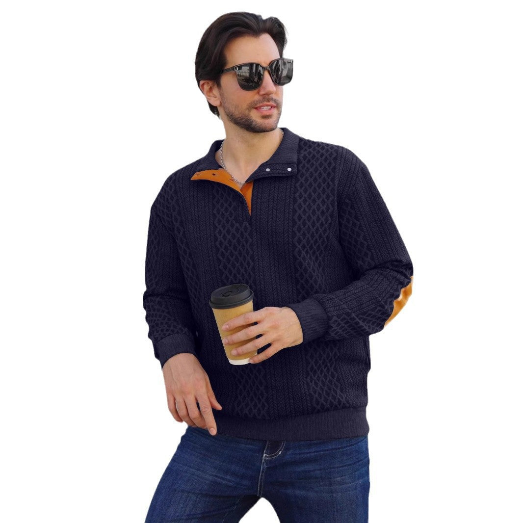 Herren nan strukturierter Henley-Pullover mit Stehkragen, Knopfleiste und Lederoptik-Ellbogenbesatz Drune