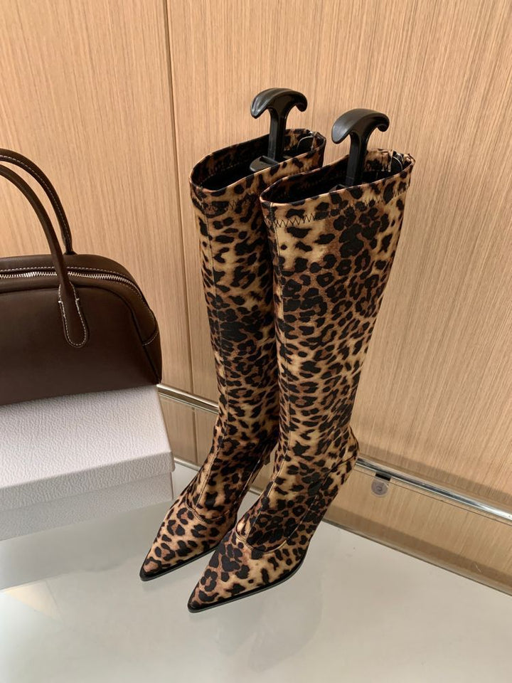 Damen elegante Overknee-Stiefel aus hochwertigem Leder mit spitzem Absatz Drune