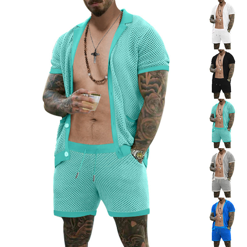 Herren nan offener Netzstrick-Cardigan mit passenden Kordelzug-Shorts Drune