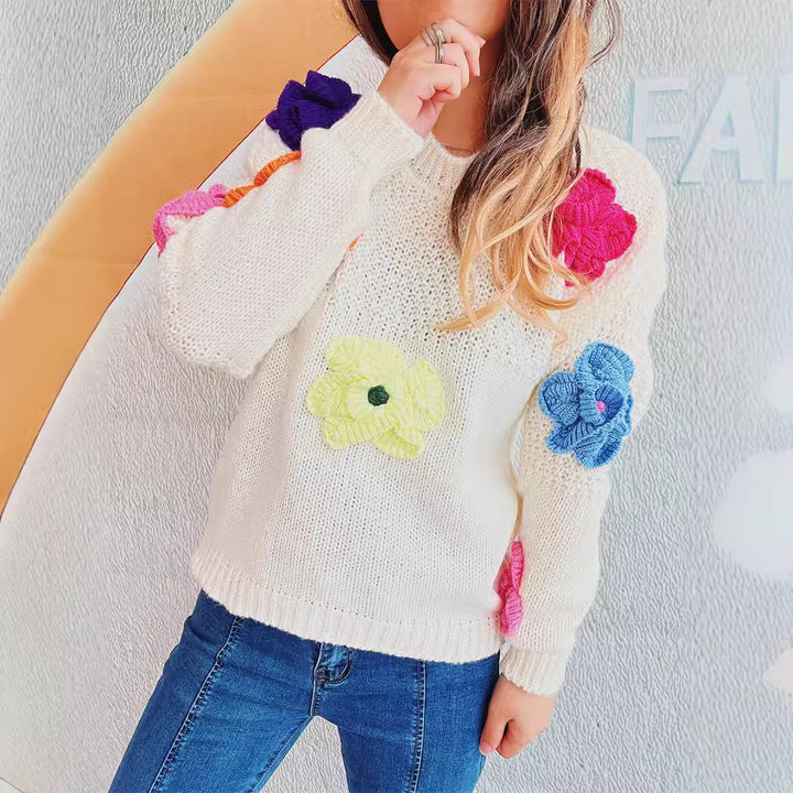 Damen lässiger Pullover mit bunten Blumenapplikationen Drune