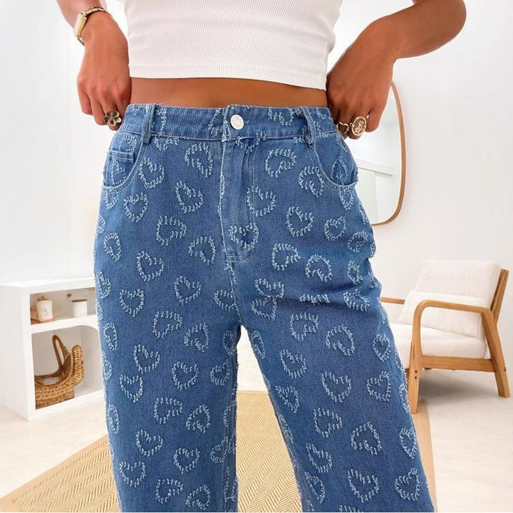 Damen High-Waist Jeans mit einzigartigem Herzchen-Muster und bequemer Passform Drune