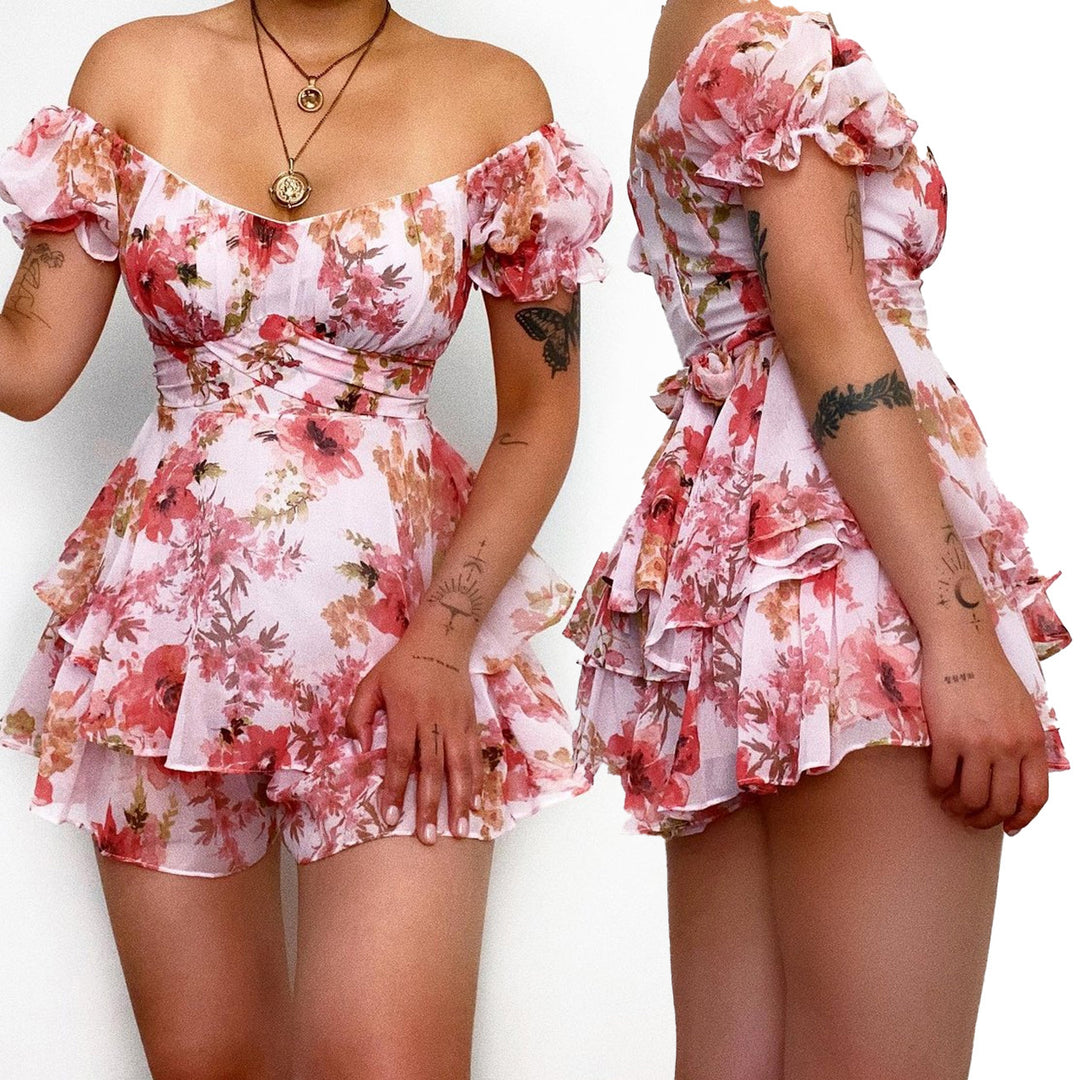 Damen Kurzarm Overall mit romantischem Blumenmuster und fließendem Schnitt Drune