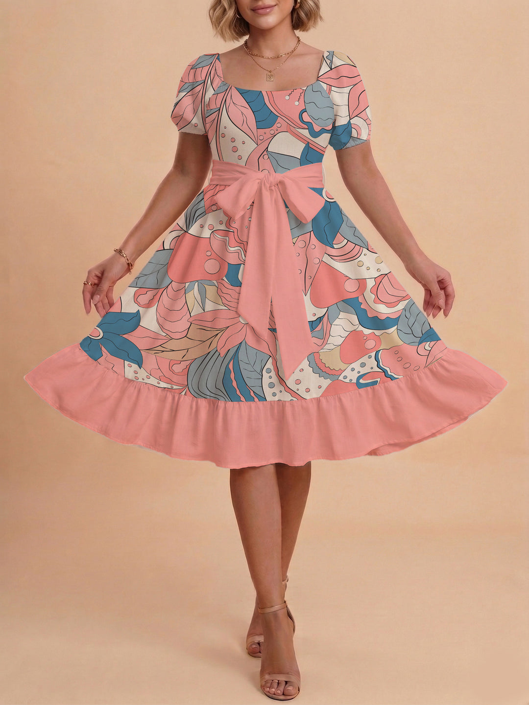 Damen elegantes Maxikleid mit floralem Design und Taillengürtel Drune