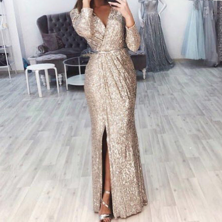 Damen langes Abendkleid mit elegantem Wickelschnitt und Schlitz Drune