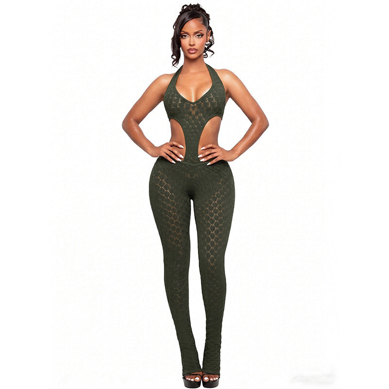 Damen Cut-Out Bodycon Overall mit tiefem V-Ausschnitt und transparenter Häkelstruktur Drune