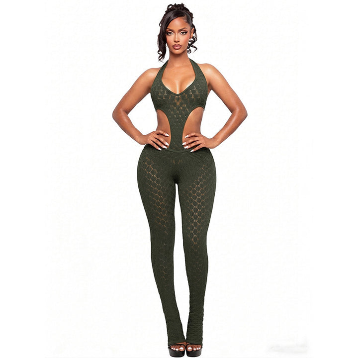 Damen Cut-Out Bodycon Overall mit tiefem V-Ausschnitt und transparenter Häkelstruktur Drune