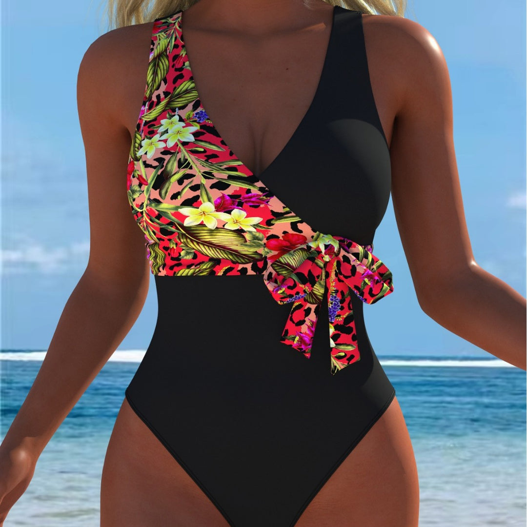 Damen einteiliger Badeanzug mit floralem Wickeldesign und modischem Schwarz Drune