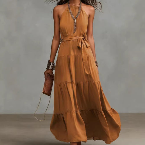 Damen Maxikleid mit tiefem Rückenausschnitt und Taillengürtel Drune