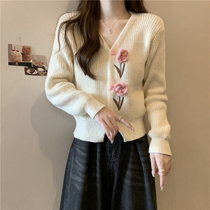 Damen Strickjacke mit floralen Applikationen Drune