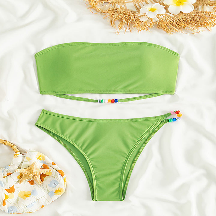 Damen Bandeau-Bikini-Set mit farbenfroher Schnürung und hohem Beinausschnitt Drune