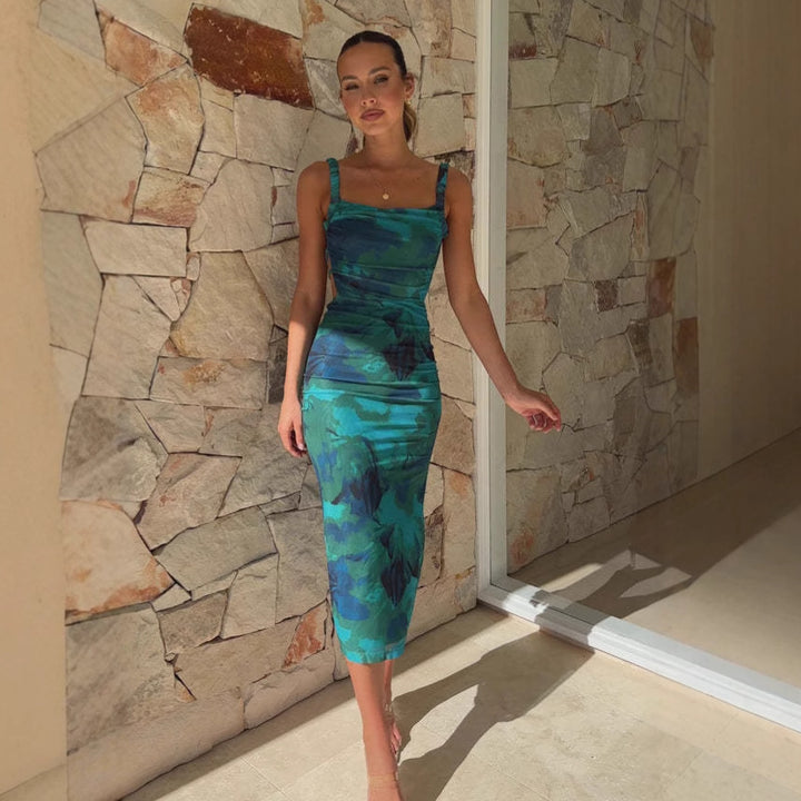 Damen Figurbetontes Maxikleid mit ästhetischem Blumendesign und Schlitzdetails Drune