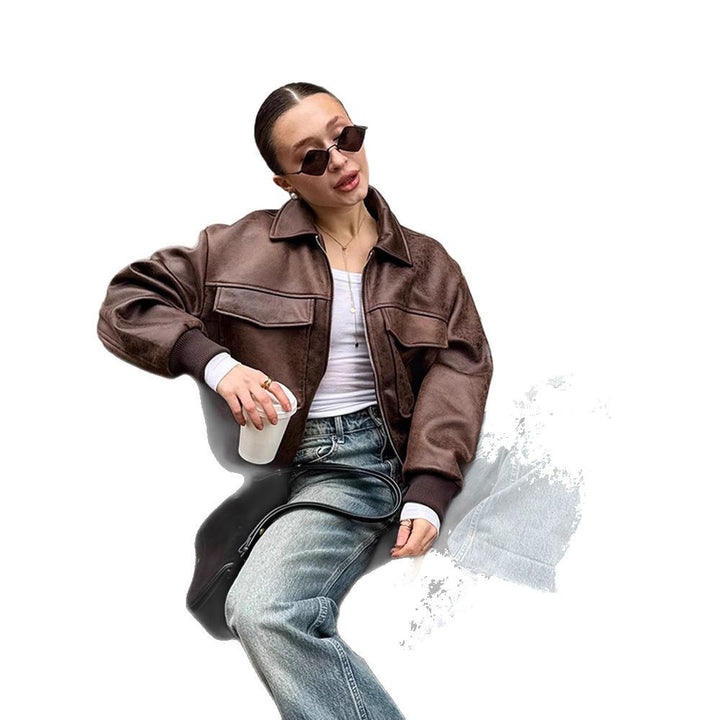 Damen cropped Kunstlederjacke mit Taschen Drune