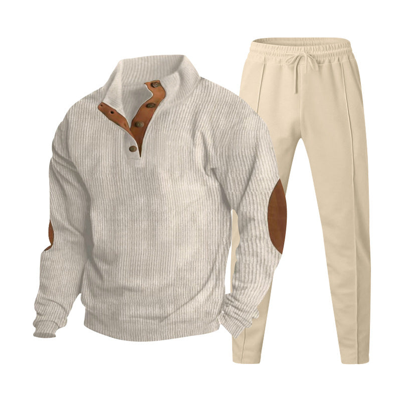 Herren nan gerippter Henley-Freizeitanzug mit dekorativer Knopfleiste und Wildleder-Ellenbogenpatch konisch geschnittene Jogginghose Drune