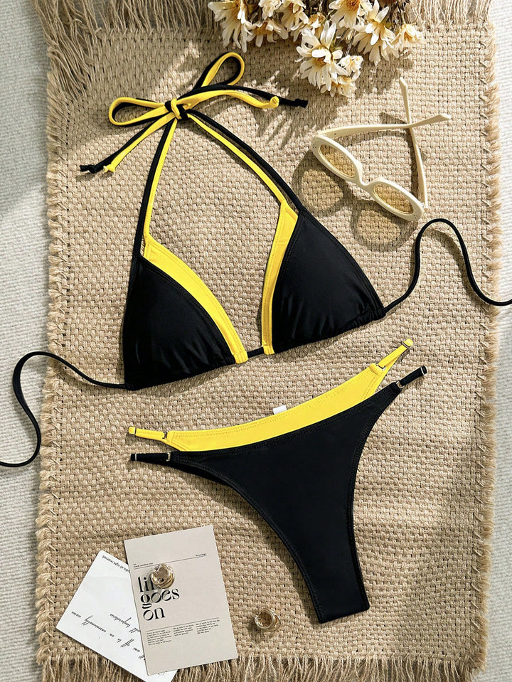 Damen Triangel-Bikini mit verstellbaren Trägern und kontrastrierendem Farbdesign Drune
