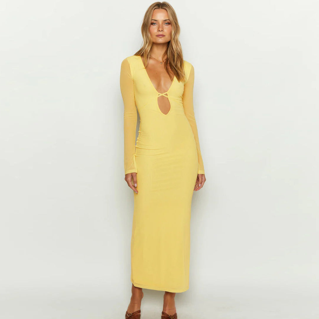 Damen elegantes Maxikleid mit tiefem V-Ausschnitt und transparenten Ärmeln Drune