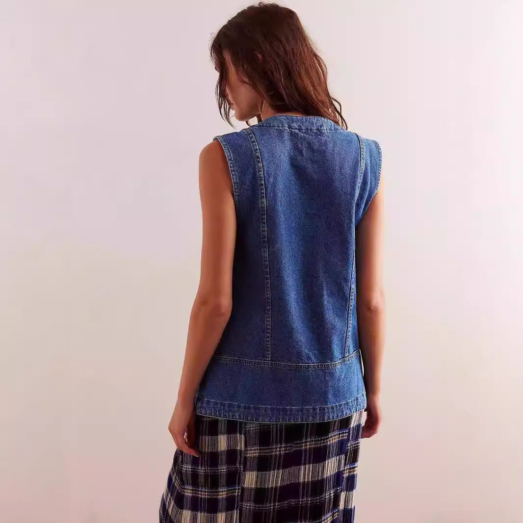 Damen Denim-Latzjacke mit praktischen Taschen und modischem V-Ausschnitt Drune