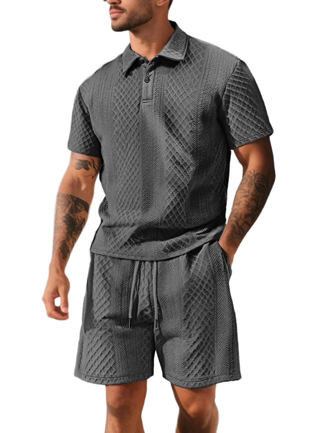 Herren nan strukturiertes Poloshirt- und Bermudashorts-Set aus gesteppter Baumwollmischung Drune
