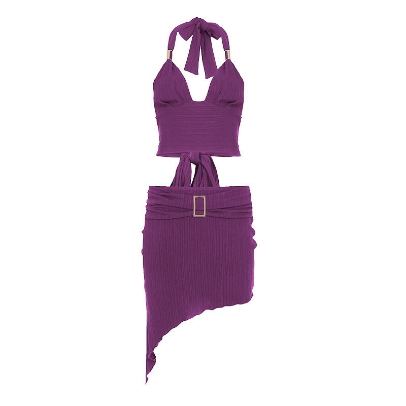 Damen Set aus Crop-Top und asymmetrischem Rock mit Rüschen-Drune