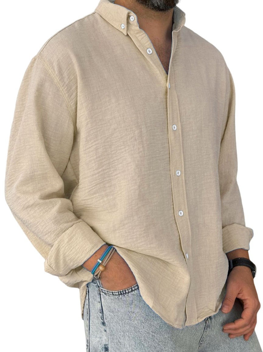 Herren nan leichtes Baumwoll-Leinen-Hemd mit Button-Down-Kragen und entspannter Relaxed-Fit Drune
