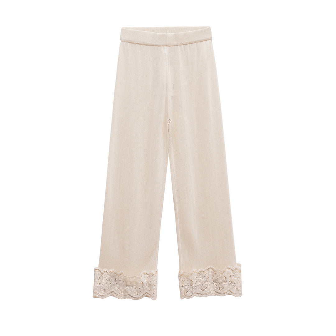 Damen Bequeme Palazzo-Hose mit Spitzenbesatz und elastischem Bund Drune