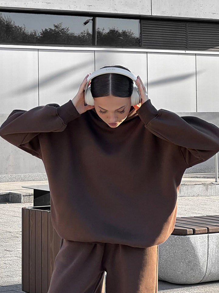 Damen gemütlicher Fleece-Loungewear-Anzug mit hohem Kragen Drune
