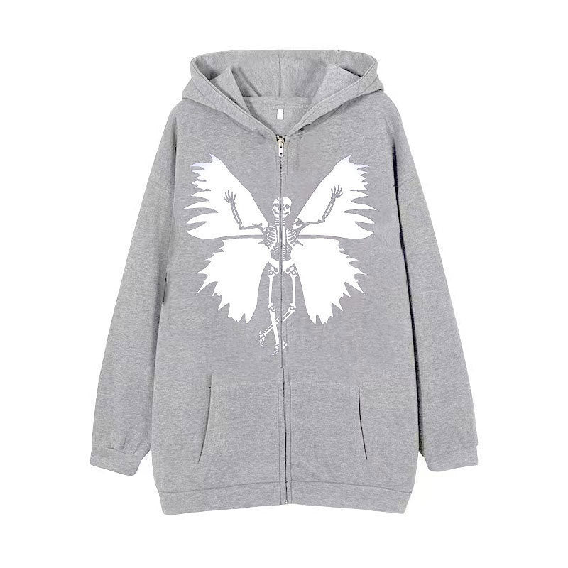 Damen Zip-Hoodie mit einzigartigem Skelett- und Schmetterlingsmotiv Drune