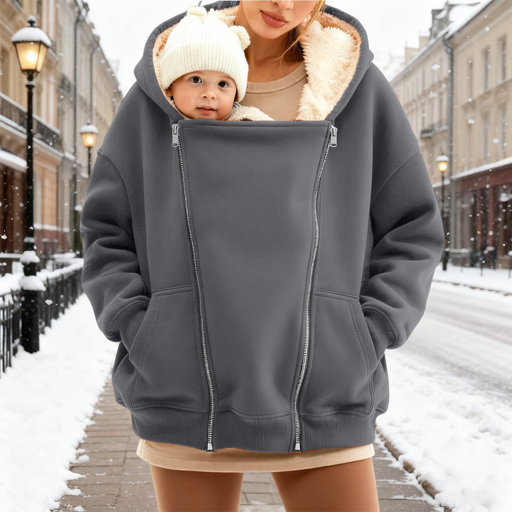Damen nan Babytrage-Hoodie mit Teddyfutter und Zweiwege-Reißverschluss Drune
