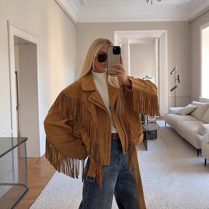 Damen Wildlederjacke mit fransigen Details und taillierbarem Gürtel Drune