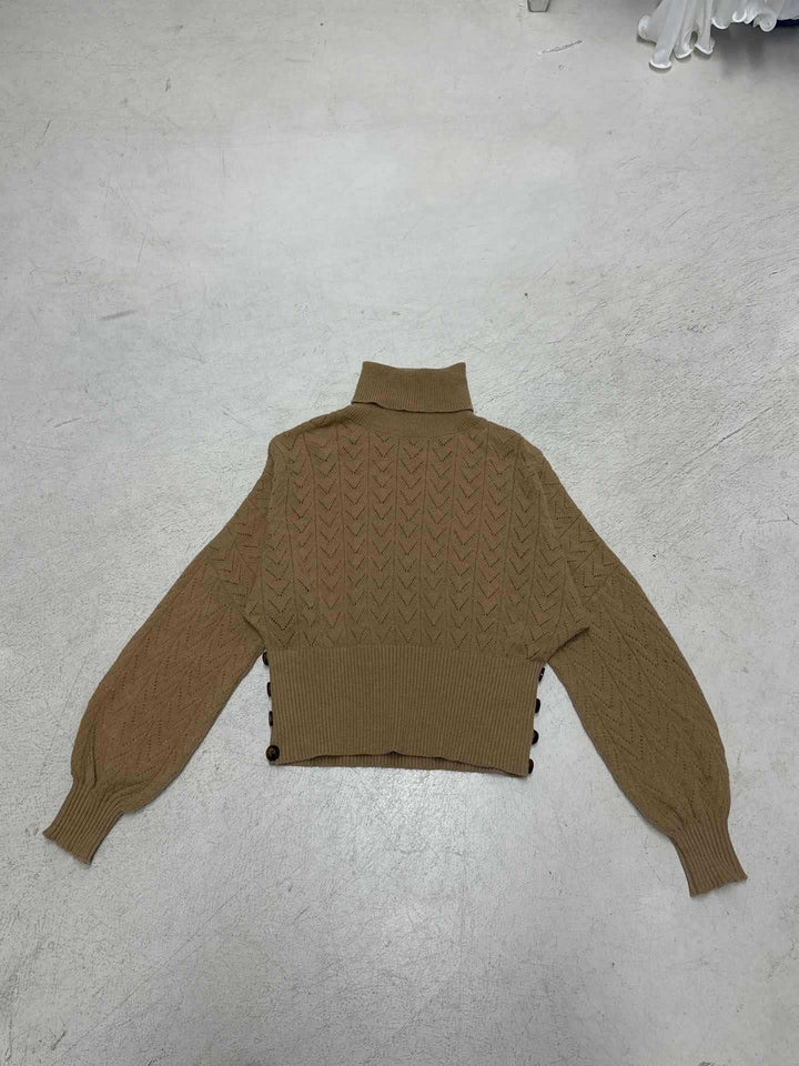 Damen nan kurzes Strick-Turtleneck mit Zierknopfleiste und Ballonärmeln Drune