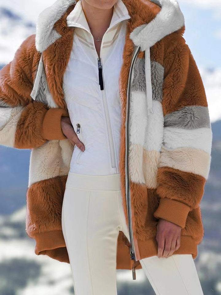 Damen nan oversized Kapuzenjacke aus Kunstfell mit Colourblock-Design, Zweiwege-Reißverschluss und Rippbündchen Drune
